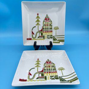 NWT Crate & Barrel Yule Town Julia Rothman Christmas Square Plates Set of 2